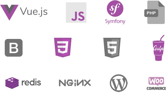 Vue.js, JavaScript, Symfony, Bulma, Bootstrap, HTML5, CSS3, Gulp, Redis, Nginx, WordPress, WooCommerce